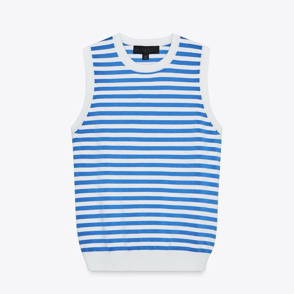 NWOT Zara Blue and White Striped Knit Sleeveless Crew Size L